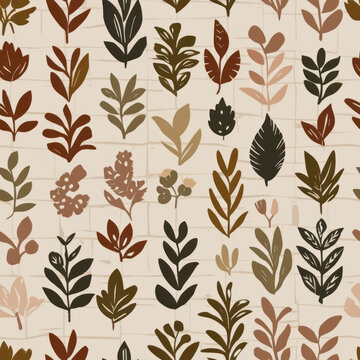Seamless botanical pattern with brown autumn leaves and flowers on beige background