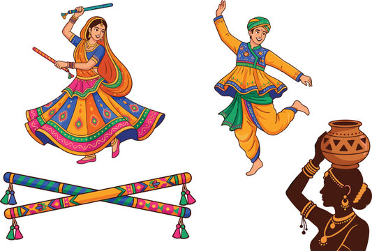 Indian Festive Garba and Dandiya Raas Folk Dance Elements Set with Dancers and Traditional Costumes for Navratri and Dussehra Celebration Designs