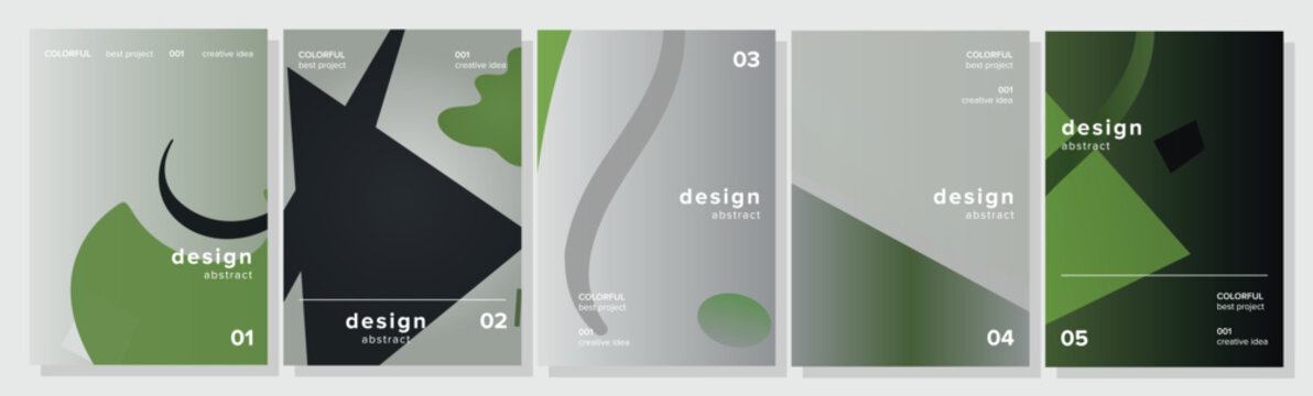 Abstract design posters featuring modern minimalist layouts with organic and geometric shapes, creating a set of stylish covers using a harmonious green and grey color palette