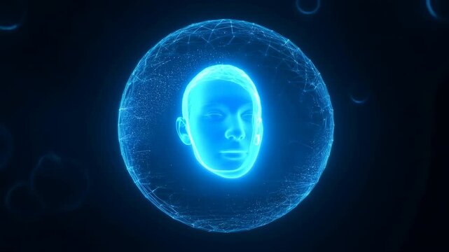 Glowing cyan human face slowly turns inside a transparent wireframe sphere, surrounded by faint circular light forms drifting across a dark blue digital environment