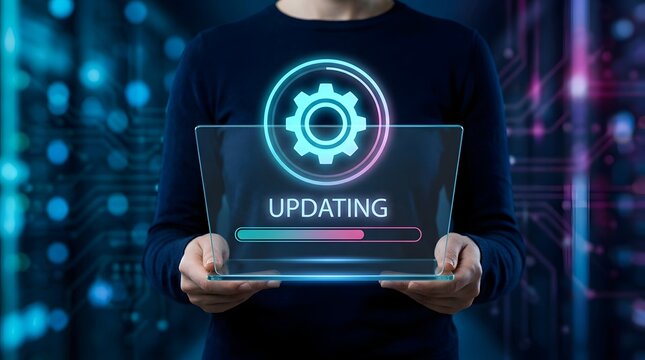Person holding a transparent screen displaying UPDATING with a progress bar and gear icon against a blurred technological background.