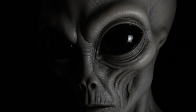 Detailed portrait of a classic grey alien face in the dark