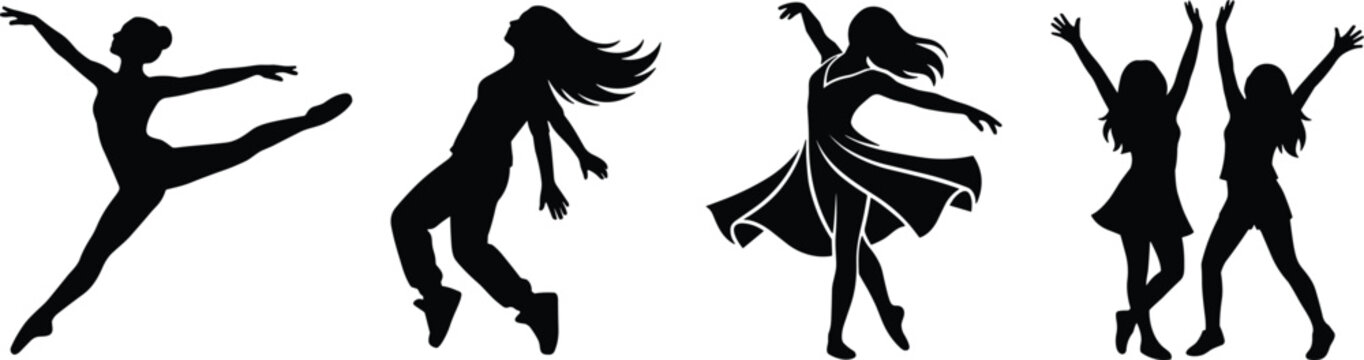 Active Female Dancer Silhouette Set Featuring Ballet Hip Hop Contemporary and Zumba Dance Poses for Performance Studios Fitness Classes and Event Promotion