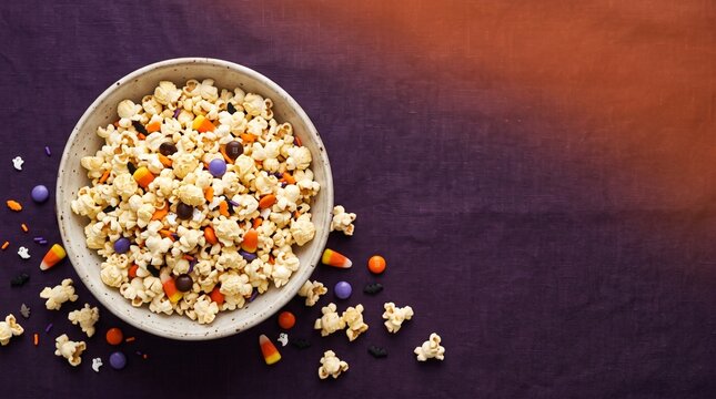 A festive Halloween popcorn mix with colorful candies and sprinkles served in a bowl on dark fabric
