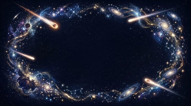 A cosmic frame with stars, galaxies, and nebulae in a dark, starry sky.
