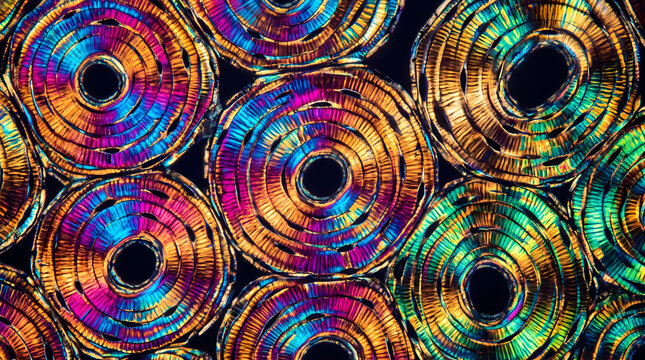 A high-magnification microscopic view of human bone tissue displaying intricate osteon structures. The image features vibrant colors captured under polarized light, highlighting the complex cellula...