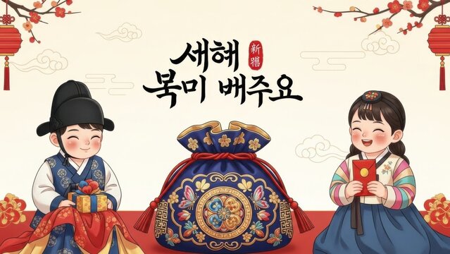Korean children dressed in traditional hanbok celebrating bokchum culture with gift boxes and red lanterns