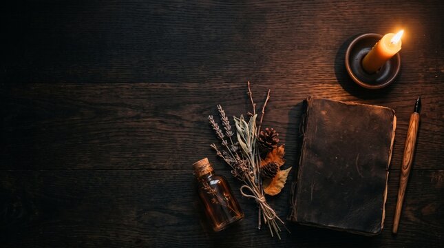 Dark rustic witchcraft table with old spell book, burning candle, potion bottle, dried herbs and quill pen