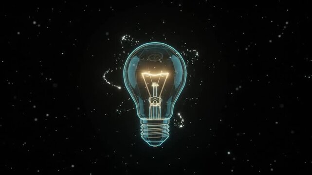 Glowing light bulb with energy burst and orbiting particles innovation logo reveal