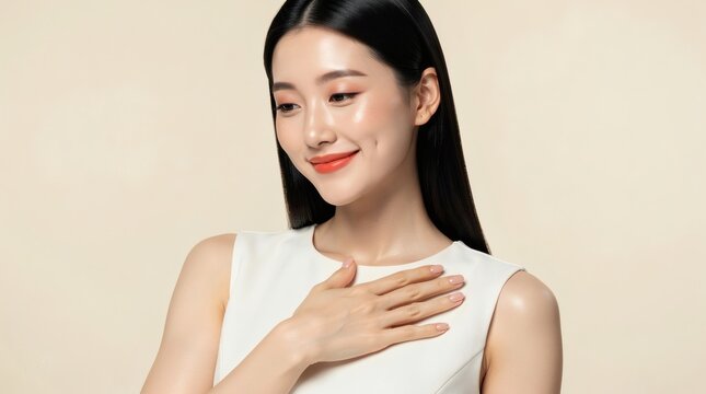 Woman with clean skin smiles gently while placing her hand on her chest against a neutral beige background.