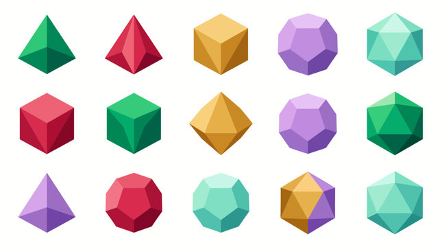 3D geometric polygon shapes set showcasing polyhedral objects, faceted low poly design and vibrant color variations, concept for educational math tools and graphic design elements