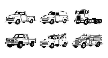Obraz premium Vintage delivery trucks and pickup silhouettes on a white background
