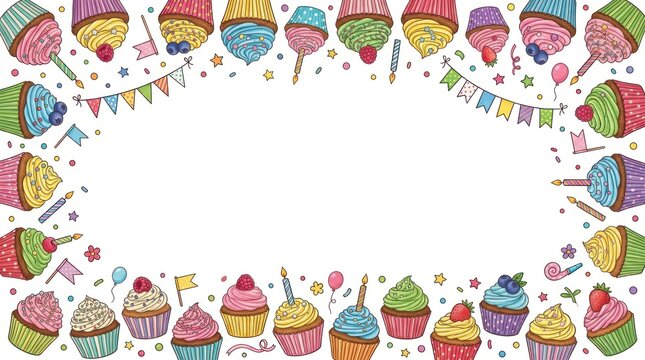 A colorful, festive cupcake border with various toppings and decorations.