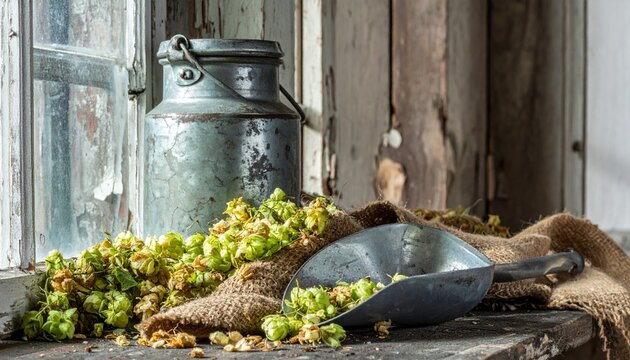 Fresh green hops cones with metal scoop and vintage milk can on rustic wooden table