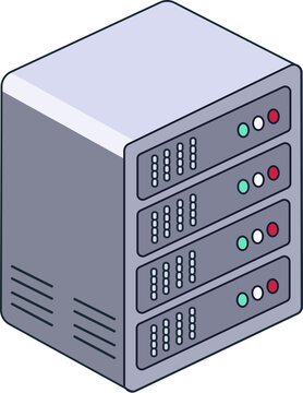 A modern server rack with four units, featuring indicator lights and ventilation grills, representing technology and data storage