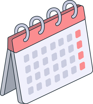A simple illustration of a desk calendar with a pink cover and rings, showing a grid of empty squares and a few red squares.