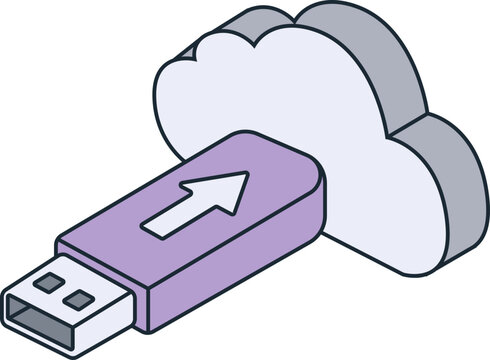Cloud storage and USB drive connection, representing data transfer and digital storage. A simple graphic illustration showing the concept of cloud computing and portable storage solutions