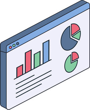 Isometric view of a computer screen displaying various charts and graphs. This includes a bar chart and two pie charts, indicating data analysis and presentation