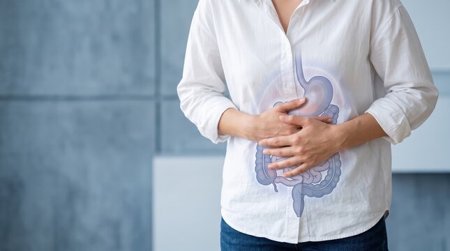 Woman holding stomach with visible digestive system illustration overlay, representing abdominal pain, gut health, medical anatomy concept for healthcare, biology and wellness awareness.