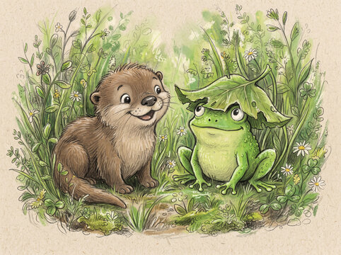 Funny Otter and Frog with Leaf Hat on Grass.