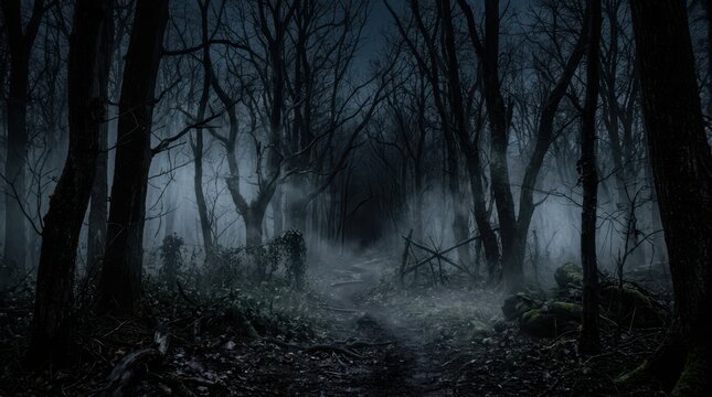 Dark spooky forest with foggy trees at night