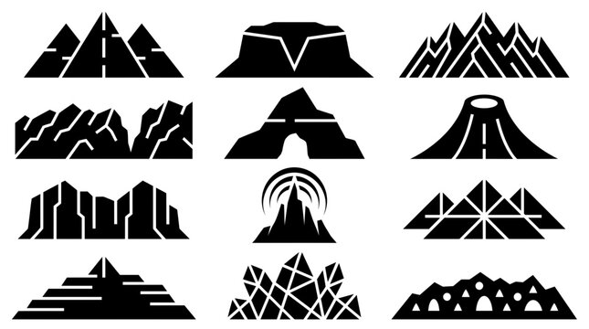Minimalist black mountain icons set showcasing geometric mountain peaks, volcano shapes and rocky highland silhouettes, concept for outdoor logo branding and travel graphic design