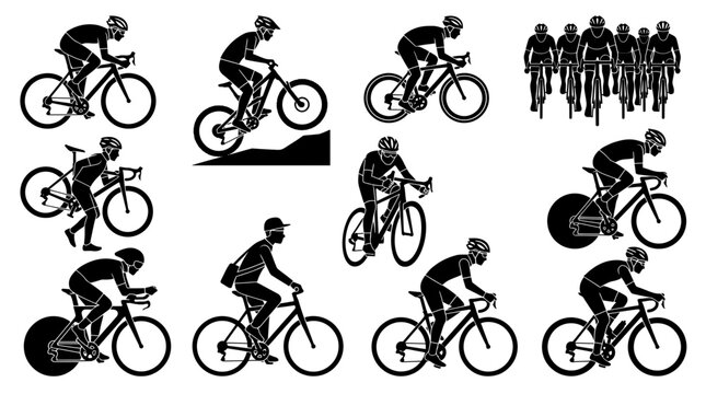 Cyclist silhouettes and bicycle rider icons showcasing road racing, mountain biking and peloton competition, concept for professional sports and active lifestyle