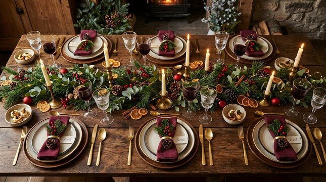 Festive christmas table setting with candles, greenery, dried orange slices, and wine glasses on a rustic wooden table in a cozy dining room with a fireplace