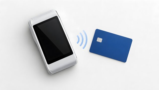Top view of modern contactless POS terminal with blank screen and blue credit card showing NFC wave symbol for secure wireless payment transactions