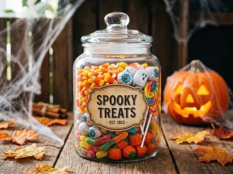 Glass jar filled with spooky halloween candy and treats