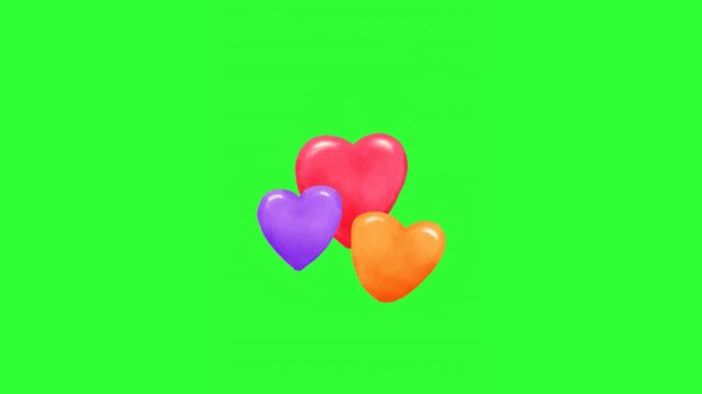 Colorful animated hearts moving across a bright green screen, providing a cheerful multicolor love overlay for Valentine's Day videos, celebrations, wedding edits, social media content, and chroma key