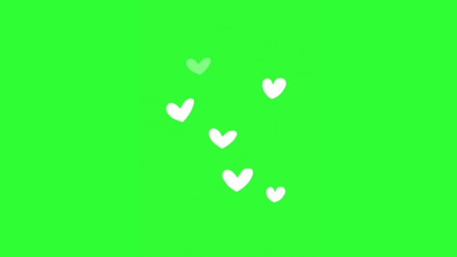 Animated white hearts floating and drifting across a bright green screen, creating a soft romantic overlay for Valentine's Day videos, wedding edits, love stories, social media content, and chroma key