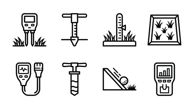 Soil Testing Equipment Set: A collection of various tools and devices designed for soil analysis, including moisture meters, probes, and inclinometers, presented as simple line art icons.