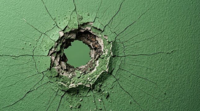 Large bullet hole in a solid green metal wall with cracks spreading out from the center impact