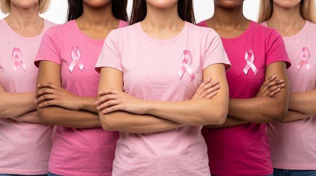 Women standing together for breast cancer awareness month