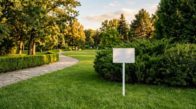 A serene view of a stone pathway winding through a lush green park landscape with a solitary blank white information sign standing prominently on the manicured lawn during the golden hour