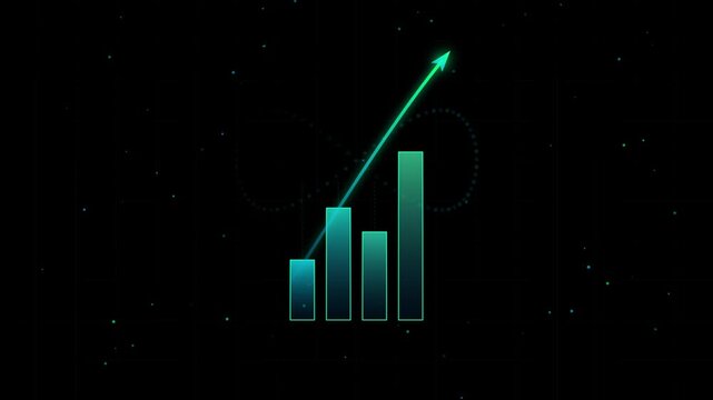 Bar chart with rising trend arrow showing growth on dark digital background
