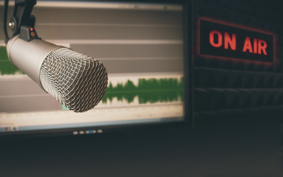 Microphone in radio studio and on air sign