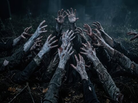 Many scary zombie hands reaching up from the darkness