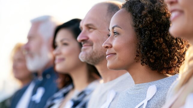 Group of people standing together at an outdoor event with a focus on unity and support. Lung Cancer Awareness Month