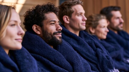 Fototapeta premium Group of Individuals in Spa Robes, Seated and Smiling