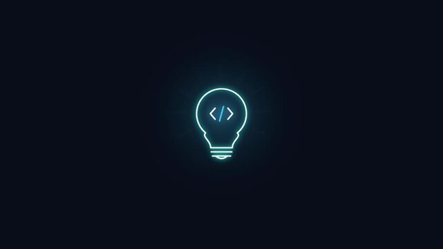 Neon blue light bulb icons with coding tags glowing on dark background