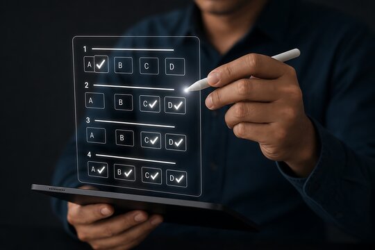 Person using a stylus pen to select options on a transparent digital test questionnaire screen