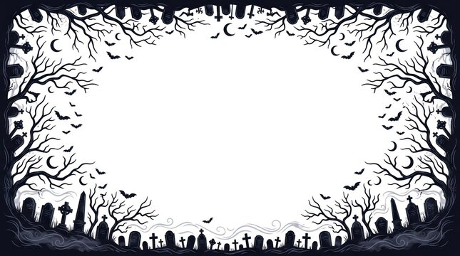 A spooky Halloween frame with bats, trees, and a cemetery.
