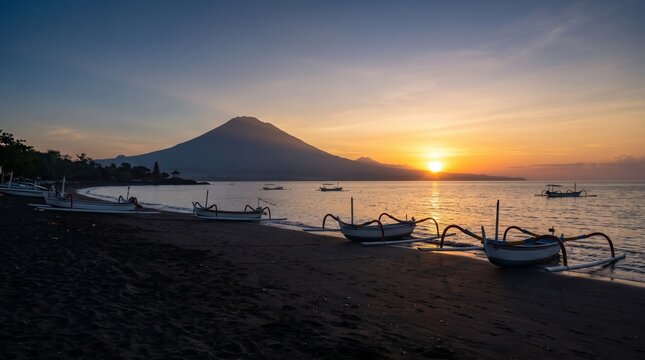 Sunrise Over Amed Beach with Traditional Balinese Jukung Boats and Mount Agung Silhouette in Bali