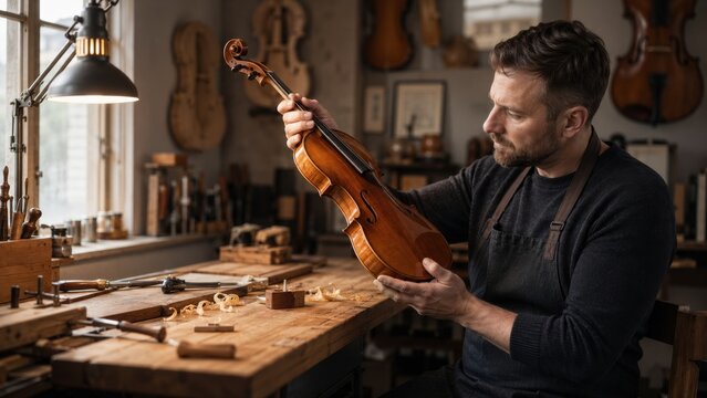 Violin maker inspects a handmade instrument in a workshop filled with tools and wooden items during the daylight hours