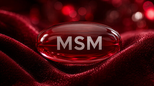 A red MSM supplement capsule resting on dark red fabric. The setting focuses on the product's design and color, emphasizing its use for health