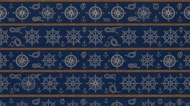 Nautical pattern with compasses, ship wheels, anchors, and ropes on a dark blue background