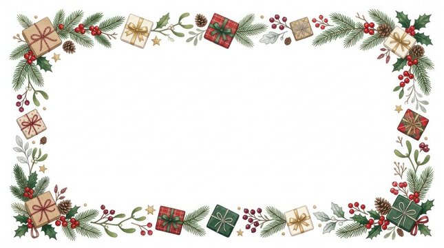 A festive Christmas border with gift boxes, holly, and pine cones on a white background.