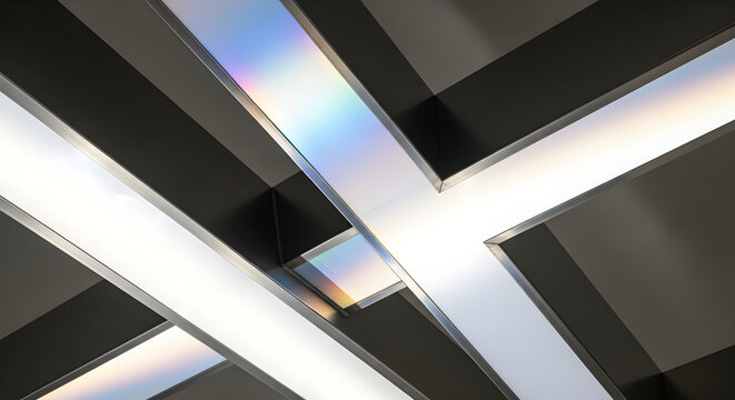Modern Geometric Ceiling Interior Design Featuring Intersecting Linear LED Lighting Fixtures With Soft Iridescent Prism Light Effects